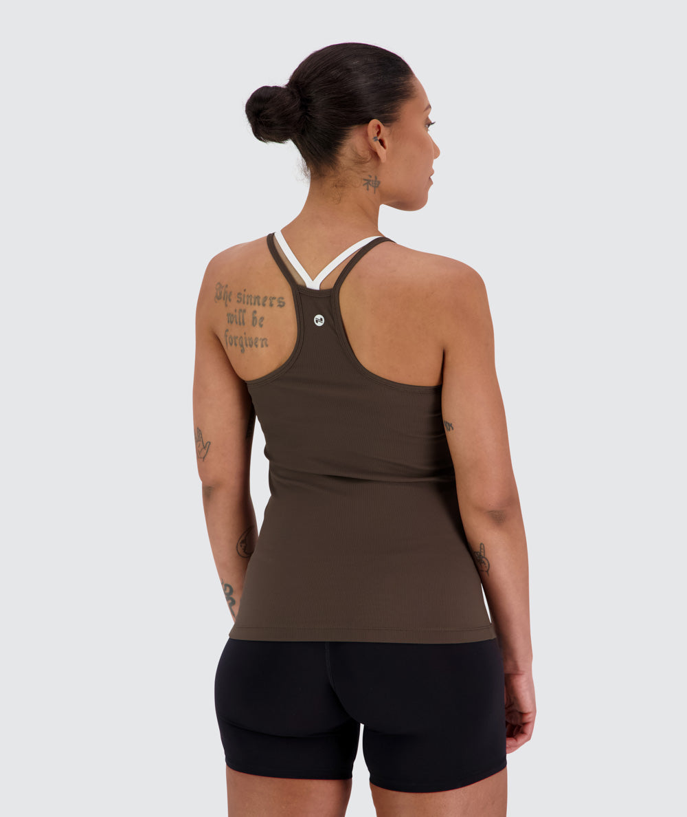 Women's Strappy Ribbed Top#color_coffee-bean